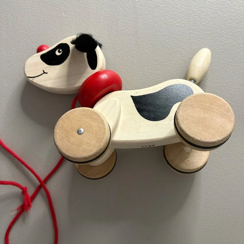 VTG Wooden Pull Toy Dog Spotted Puppy with Red Collar and Spring Tail 1727